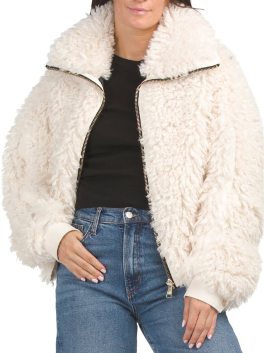 KARL LAGERFELD PARIS Faux Mongolian Fur Bomber Jacket